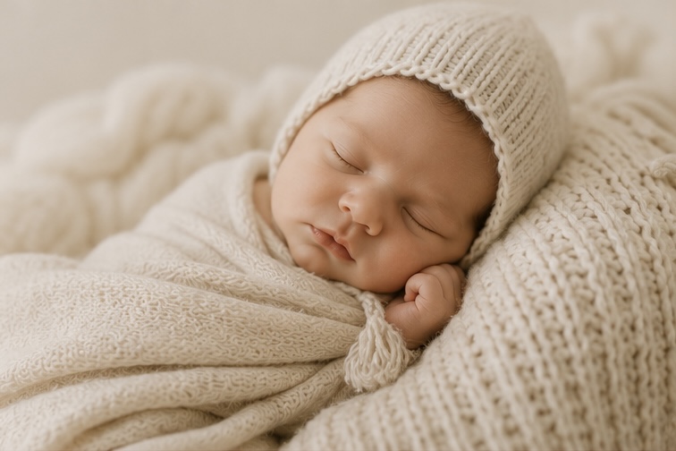 A newborn sleeping in a knitted bonnet, wrapped in cream
